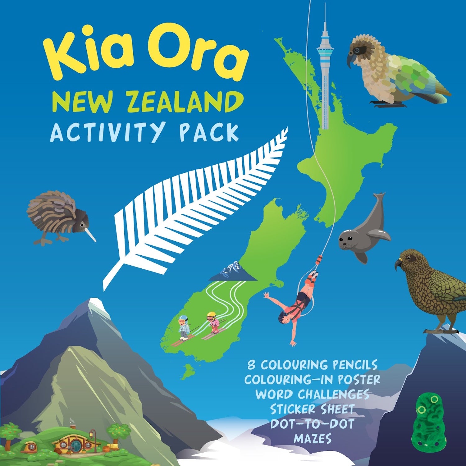 Kia Ora New Zealand Activity Pack: 8 colouring pencils colouring-in poster word challegnes stick sheet dot-to-dot mazes