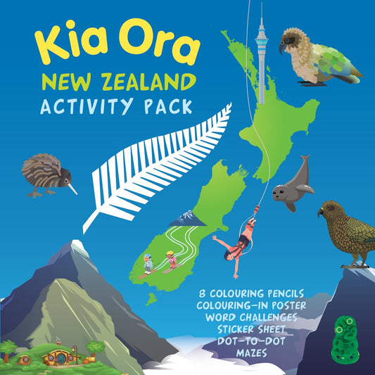 Kia Ora New Zealand Activity Pack: 8 colouring pencils colouring-in poster word challegnes stick sheet dot-to-dot mazes